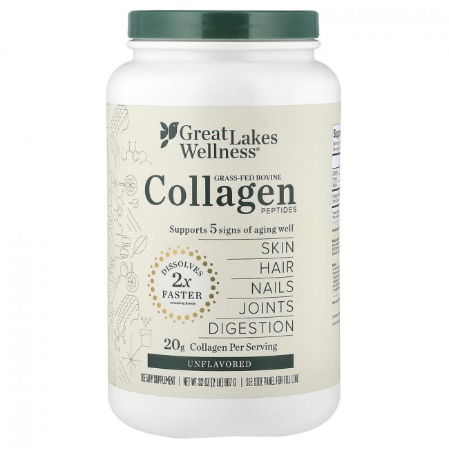 Great Lakes Wellness, пептиды бычьего коллагена от коров, питающихся травой, без вкуса, 907 г (32 унции) Great Lakes Wellness, пептиды бычьего коллагена от коров, питающихся травой, без вкуса, 907 г (32 унции)