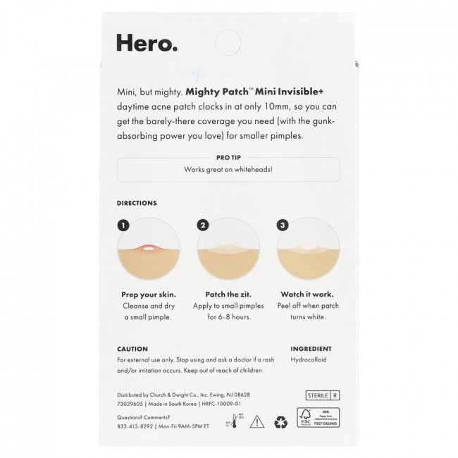 Hero Cosmetics, Mighty Patch™, Mini Invisible+, 30 гидроколлоидных мини-патчей Hero Cosmetics, Mighty Patch™, Mini Invisible+, 30 гидроколлоидных мини-патчей