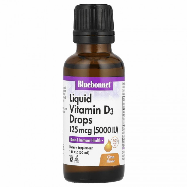 Bluebonnet Nutrition, капли витамина D3, с натуральным цитрусовым вкусом, 5000 МЕ, 30 мл (1 жидкая унция)