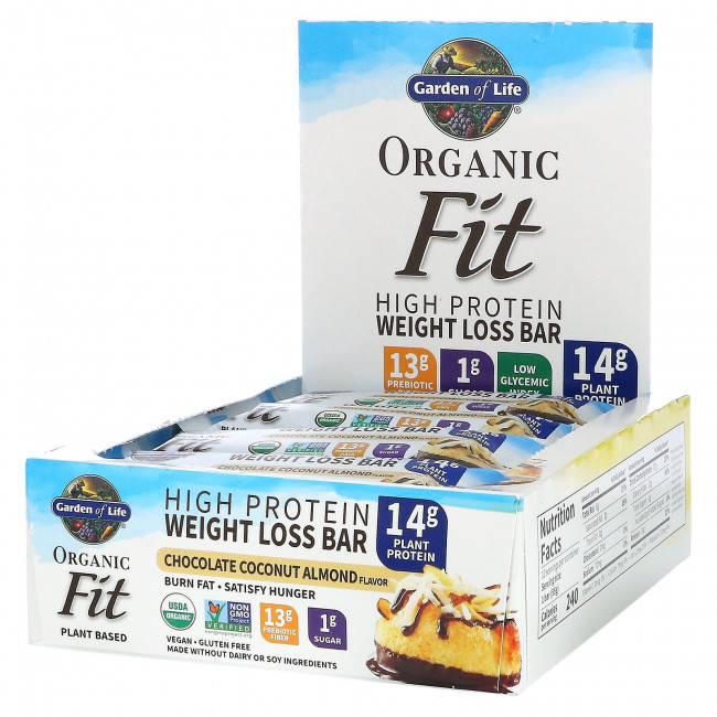 Garden of Life, Organic Fit, высокопротеиновый батончик для похудения, шоколад, миндаль и кокос, 12 батончиков по 55 г (1,94 унции) Garden of Life, Organic Fit, высокопротеиновый батончик для похудения, шоколад, миндаль и кокос, 12 батончиков по 55 г (1,94 унции)