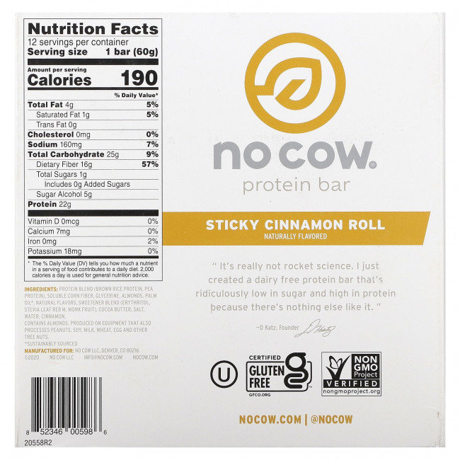No Cow, Протеиновый батончик, булочка с корицей, 12 батончиков, 60 г (2,12 унции) No Cow, Протеиновый батончик, булочка с корицей, 12 батончиков, 60 г (2,12 унции)