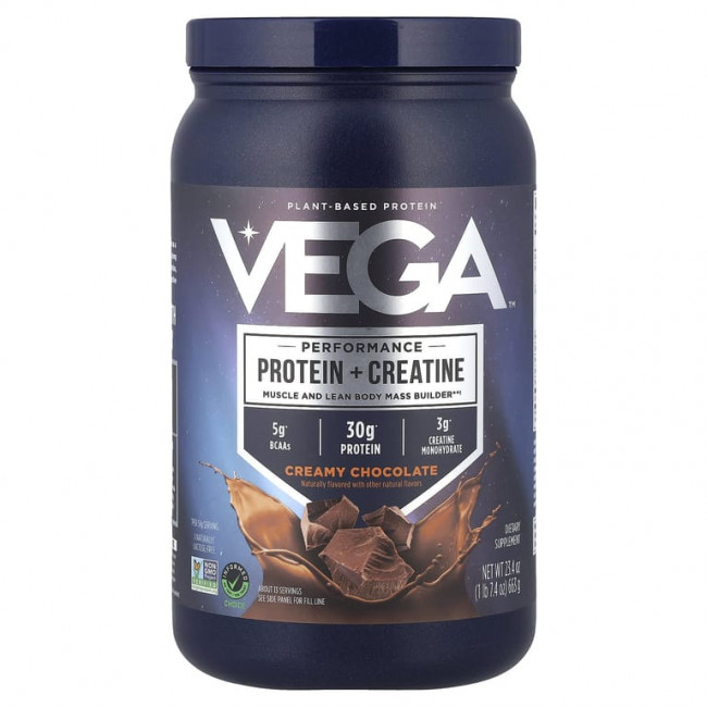 Vega, растительные протеин и креатин для производительности, сливочный шоколад, 663 г (1 фунт 7,4 унции) Vega, растительные протеин и креатин для производительности, сливочный шоколад, 663 г (1 фунт 7,4 унции)