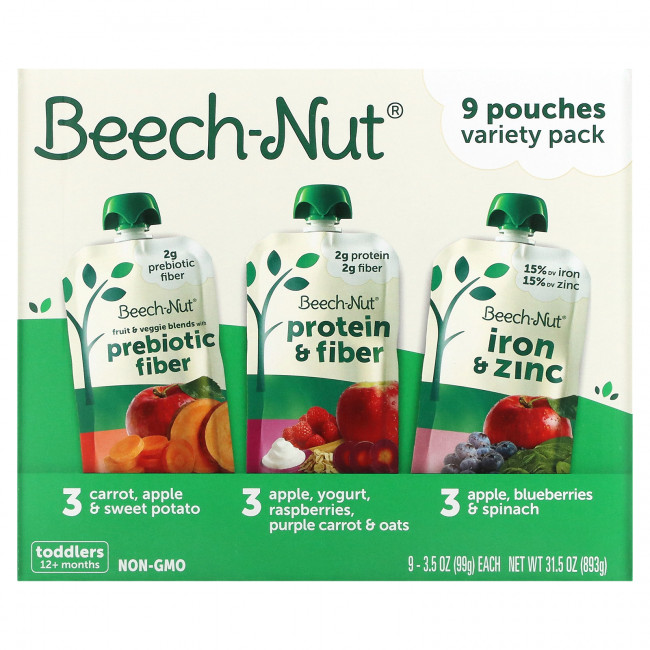 Beech-Nut, Variety Pack, от 12 месяцев, 9 пакетиков, 99 г (3,5 унции) Beech-Nut, Variety Pack, от 12 месяцев, 9 пакетиков, 99 г (3,5 унции)