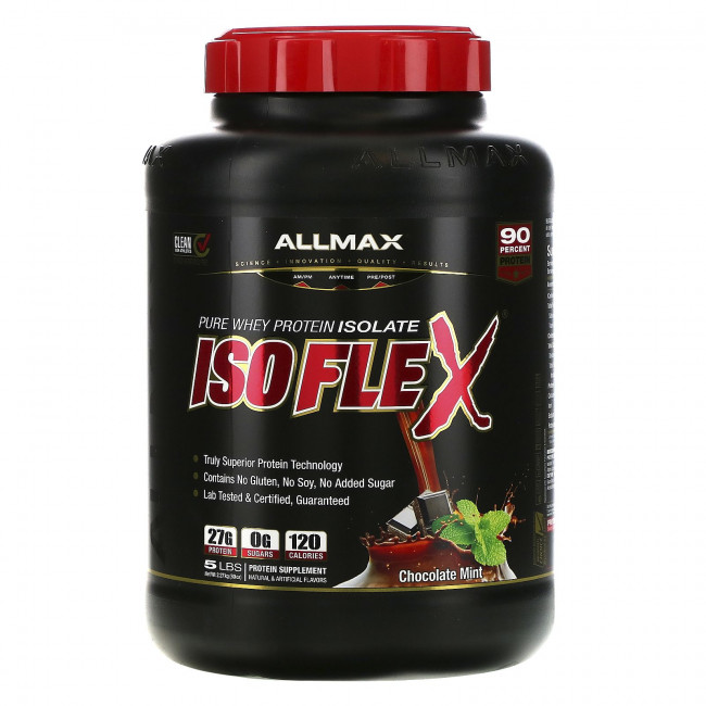 ALLMAX Nutrition, Isoflex, чистый изолят сывороточного белка (фильтрация ИСБ частицами, заряженными ионами), со вкусом шоколада и мяты, 2,27 кг (5 фунтов) ALLMAX Nutrition, Isoflex, чистый изолят сывороточного белка (фильтрация ИСБ частицами, заряженными ионами), со вкусом шоколада и мяты, 2,27 кг (5 фунтов)