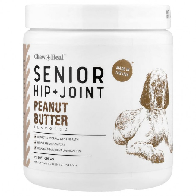 Chew + Heal, Senior, добавка для бедер и суставов, для собак, арахисовая паста, 120 жевательных таблеток, 264 г (9,3 унции) Chew + Heal, Senior, добавка для бедер и суставов, для собак, арахисовая паста, 120 жевательных таблеток, 264 г (9,3 унции)