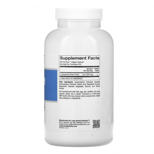 Lake Avenue Nutrition, L-глютамин, 1000 мг, 240 растительных капсул