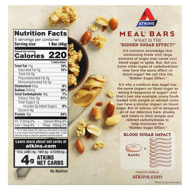 Atkins, Protein Meal Bar, батончик-гранола с арахисовой пастой, 5 батончиков, 50 г (1,76 унции) Atkins, Protein Meal Bar, батончик-гранола с арахисовой пастой, 5 батончиков, 50 г (1,76 унции)