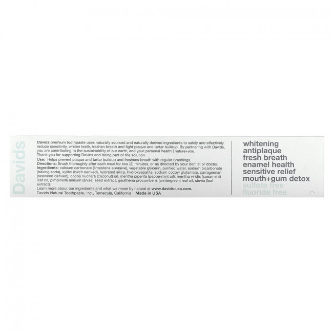 Davids Natural Toothpaste, Premium Toothpaste, Sensitive + Whitening, натуральная перечная мята, 149 г (5,25 унции)