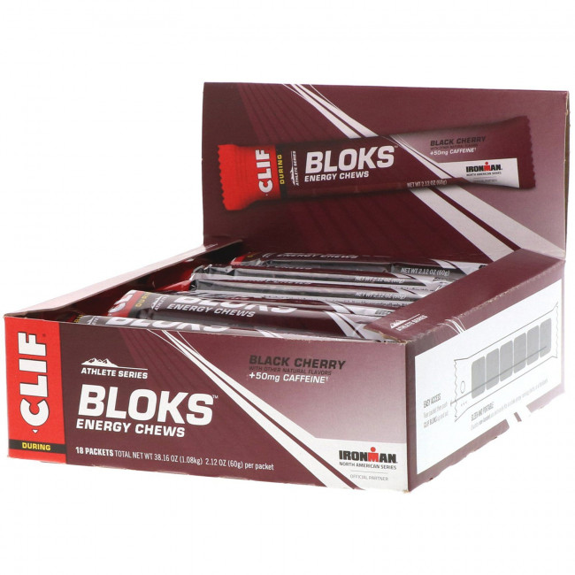 Clif Bar, Энергетические жевательные батончики Bloks со вкусом черной вишни + 50 мг кофеина, 18 пакетиков по 2,12 унц. (60 г) каждый Clif Bar, Энергетические жевательные батончики Bloks со вкусом черной вишни + 50 мг кофеина, 18 пакетиков по 2,12 унц. (60 г) каждый