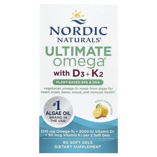 Nordic Naturals, Ultimate Omega®, растительные добавки с витаминами D3 и K2, со вкусом лимона, 60 мягких таблеток Nordic Naturals, Ultimate Omega®, растительные добавки с витаминами D3 и K2, со вкусом лимона, 60 мягких таблеток