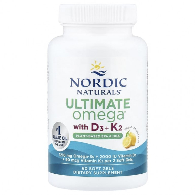Nordic Naturals, Ultimate Omega®, растительные добавки с витаминами D3 и K2, со вкусом лимона, 60 мягких таблеток Nordic Naturals, Ultimate Omega®, растительные добавки с витаминами D3 и K2, со вкусом лимона, 60 мягких таблеток