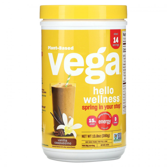 Vega, На растительной основе, смесь для оздоровительных напитков Hello, ванильный капучино, 390 г (13,8 унции) Vega, На растительной основе, смесь для оздоровительных напитков Hello, ванильный капучино, 390 г (13,8 унции)
