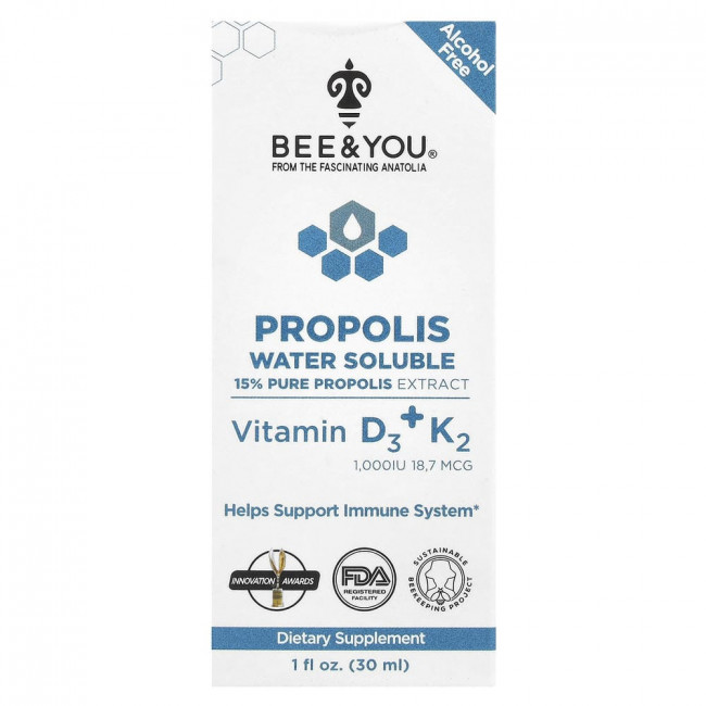 Bee & You, водорастворимый прополис, витамин D3 + K2, 30 мл (1 жидкая унция) (товар снят с производства)