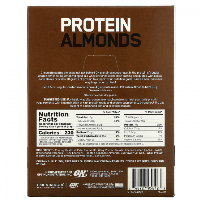 Optimum Nutrition, миндаль в протеиновой оболочке, темный шоколад и трюфель, 12 пакетов по 43г (1,5 унции)