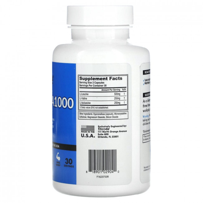 FITCODE, BCAA 1,000, 1,000 mg, 60 Count (500 mg per Capsule)