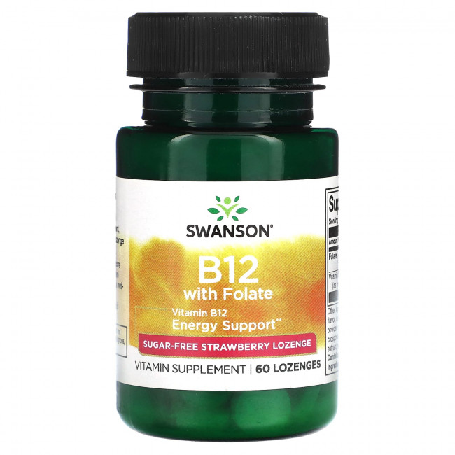 Swanson, Витамин B12 с фолатом, без сахара, клубника, 60 пастилок Swanson, Витамин B12 с фолатом, без сахара, клубника, 60 пастилок