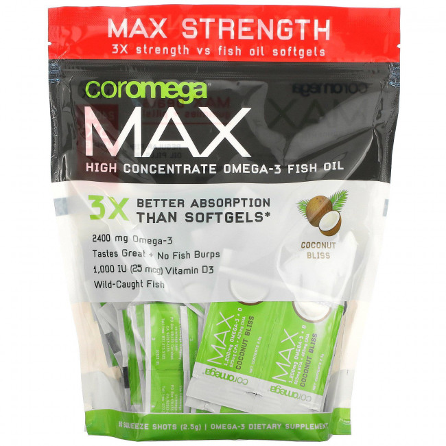 Coromega, Max High Concentrate Omega-3 Fish Oil, Coconut Bliss, 90 выжимок, 2,5 г каждый Coromega, Max High Concentrate Omega-3 Fish Oil, Coconut Bliss, 90 выжимок, 2,5 г каждый