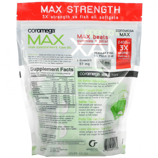 Coromega, Max High Concentrate Omega-3 Fish Oil, Coconut Bliss, 90 выжимок, 2,5 г каждый Coromega, Max High Concentrate Omega-3 Fish Oil, Coconut Bliss, 90 выжимок, 2,5 г каждый