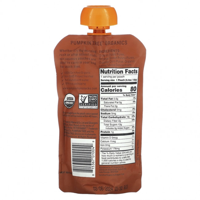 Pumpkin Tree Organics, Peter Rabbit Organics, органическое фруктовое и овощное пюре, яблоко, батат и кукуруза, 125 г (4,4 унции) Pumpkin Tree Organics, Peter Rabbit Organics, органическое фруктовое и овощное пюре, яблоко, батат и кукуруза, 125 г (4,4 унции)