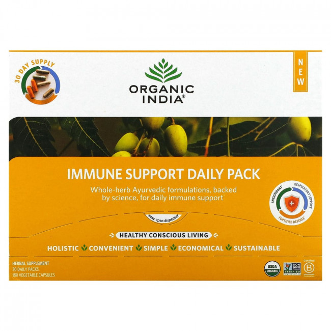 Organic India, Ежедневный пакет для поддержки иммунитета, 30 ежедневных пакетиков, 180 растительных капсул Organic India, Ежедневный пакет для поддержки иммунитета, 30 ежедневных пакетиков, 180 растительных капсул