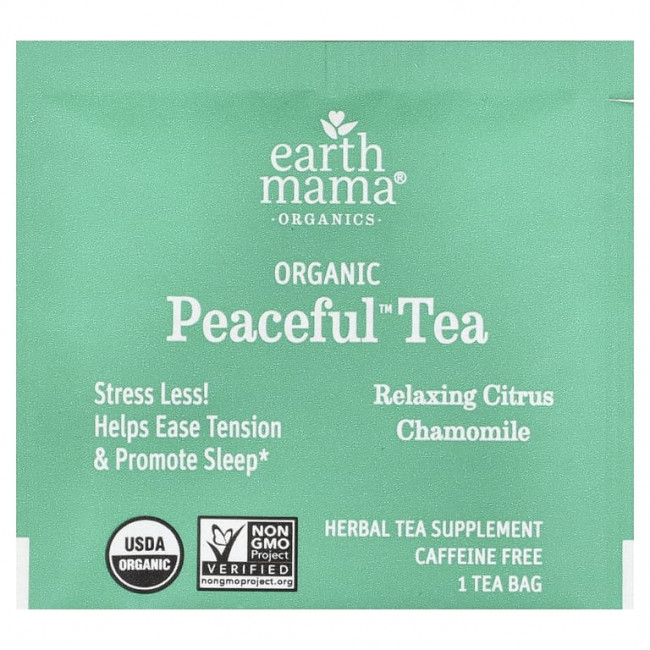Earth Mama, Organics, Organic Peaceful™ Tea, расслабляющий чай с цитрусовыми и ромашкой, без кофеина, 16 чайных пакетиков, 24,8 г (0,87 унции) Earth Mama, Organics, Organic Peaceful™ Tea, расслабляющий чай с цитрусовыми и ромашкой, без кофеина, 16 чайных пакетиков, 24,8 г (0,87 унции)