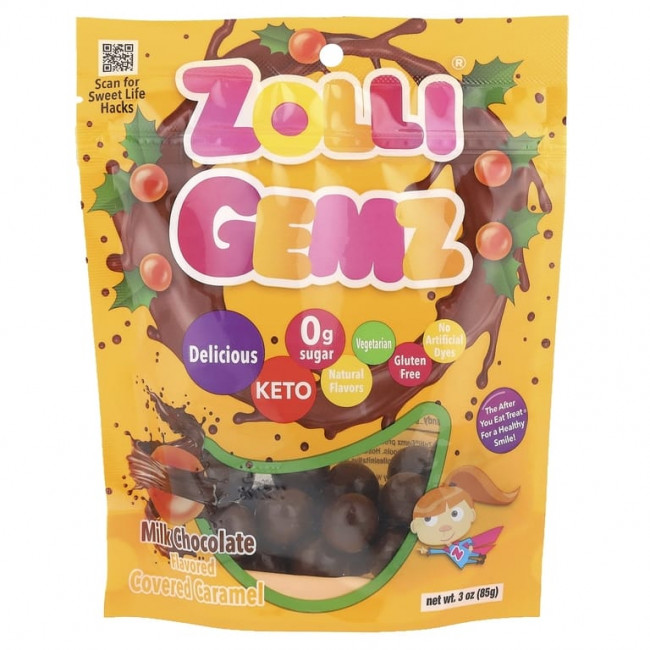 Zollipops, Zolli Gemz®, карамель в молочном шоколаде, 85 г (3 унции) Zollipops, Zolli Gemz®, карамель в молочном шоколаде, 85 г (3 унции)