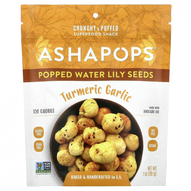 AshaPops, лопнувшие семена водяной лилии, куркума и чеснок, 28 г