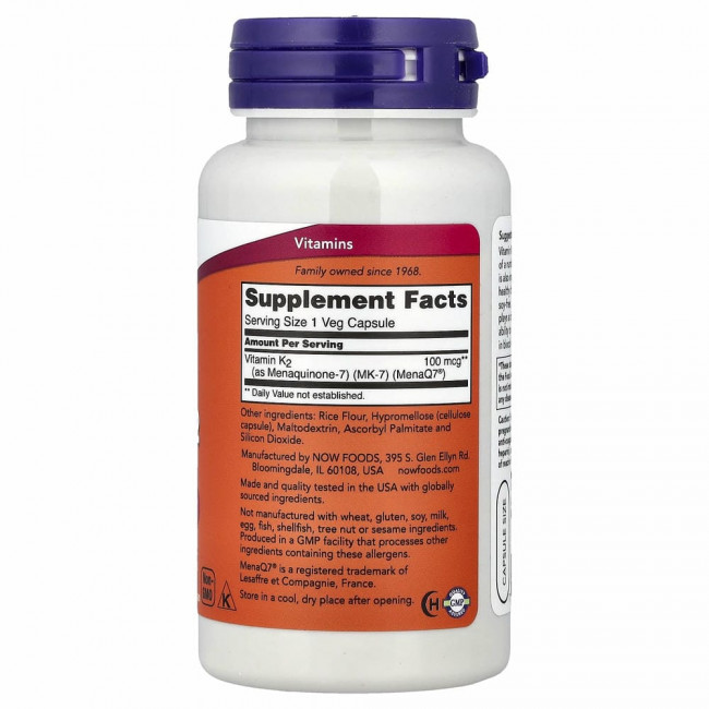NOW Foods, MK-7, витамин K2, 100 мкг, 120 вегетарианских капсул