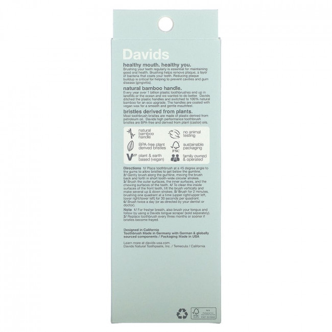 Davids Natural Toothpaste, Premium Bamboo Toothbrush, Soft, Adult, 3 Toothbrushes