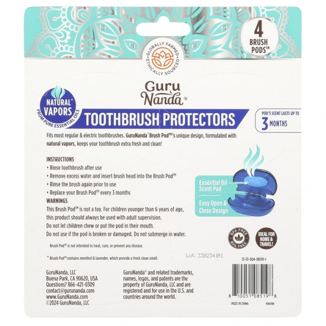 GuruNanda, Toothbrush Protectors, 4 Brush Pods GuruNanda, Toothbrush Protectors, 4 Brush Pods