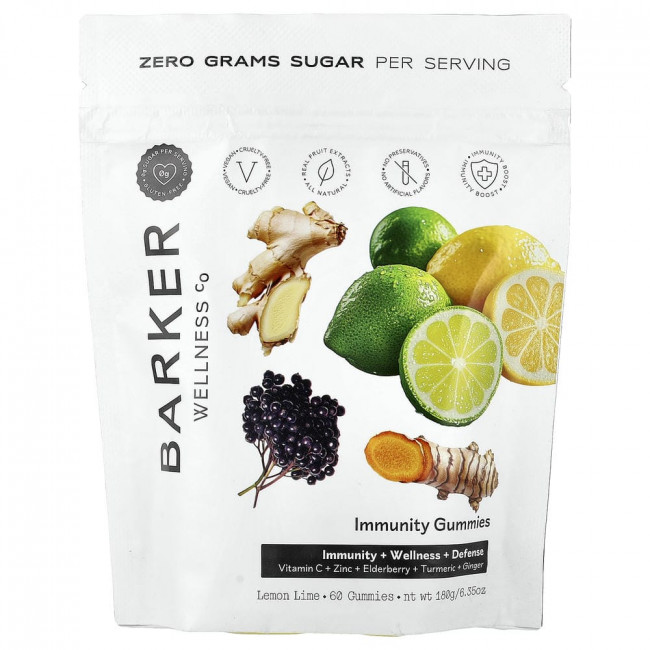Barker Wellness Co, жевательные конфеты для укрепления иммунитета, лимонно-лаймовые, 60 штук.