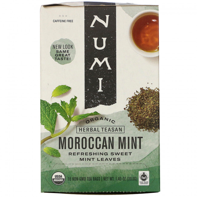 Numi Tea, Organic Herbal Teasan, марокканская мята, без кофеина, 18 чайных пакетиков, 39,6 г (1,40 унции) Numi Tea, Organic Herbal Teasan, марокканская мята, без кофеина, 18 чайных пакетиков, 39,6 г (1,40 унции)