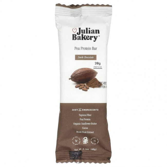Julian Bakery, батончик с гороховым протеином, темный шоколад, 12 шт. по 60 г (2,1 унции) Julian Bakery, батончик с гороховым протеином, темный шоколад, 12 шт. по 60 г (2,1 унции)