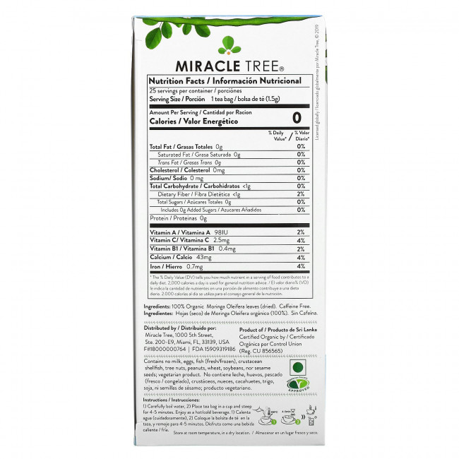 Miracle Tree, Moringa Organic Superfood Tea, Original, без кофеина, 25 чайных пакетиков, 37,5 г (1,32 унции) Miracle Tree, Moringa Organic Superfood Tea, Original, без кофеина, 25 чайных пакетиков, 37,5 г (1,32 унции)