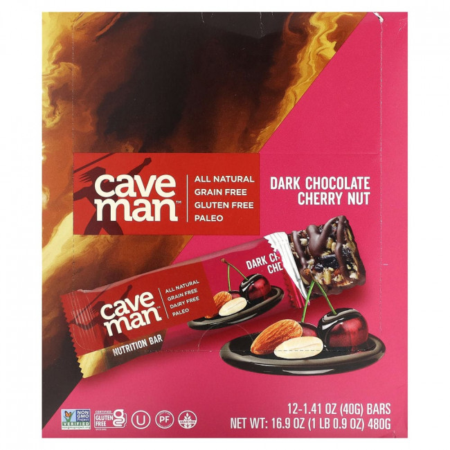 Caveman Foods, Nutrition Bar, темный шоколад, вишня, орехи, 12 батончиков, по 40 г (1,41 унции)