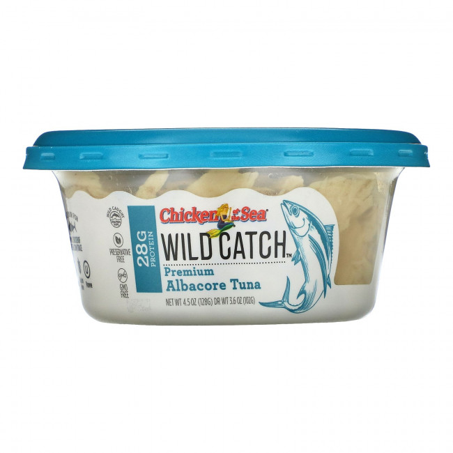 Chicken of the Sea, Wild Catch, длинноперый тунец премиального качества, 128 г (4,5 унции) Chicken of the Sea, Wild Catch, длинноперый тунец премиального качества, 128 г (4,5 унции)