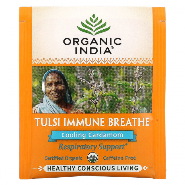 Organic India, Tulsi Immune Breathe, охлаждающий кардамон, без кофеина, 18 пакетиков для настоя, 36 г (1,27 унции) Organic India, Tulsi Immune Breathe, охлаждающий кардамон, без кофеина, 18 пакетиков для настоя, 36 г (1,27 унции)