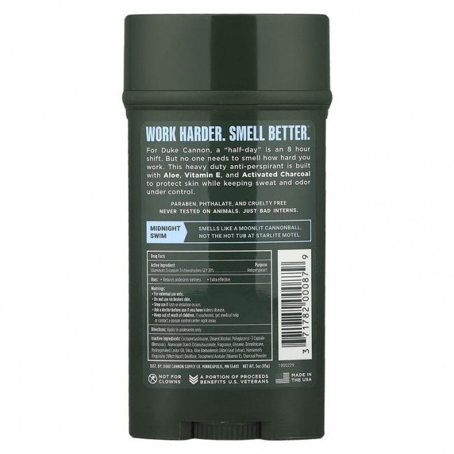 Duke Cannon Supply Co., Дезодорант-антиперспирант, Midnight Swim, морская трава и сандал, 85 г (3 унции) (Товар снят с продажи) Duke Cannon Supply Co., Дезодорант-антиперспирант, Midnight Swim, морская трава и сандал, 85 г (3 унции) (Товар снят с продажи)