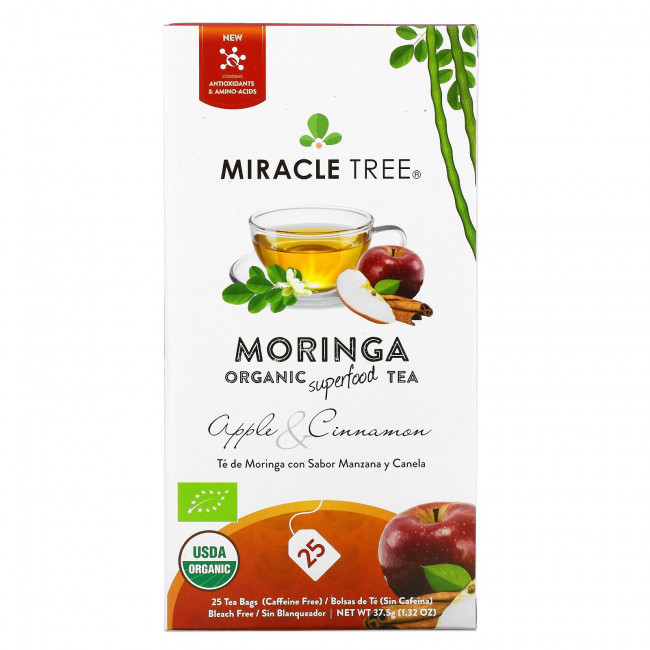 Miracle Tree, Moringa Organic Superfood Tea, яблоко и корица, без кофеина, 25 чайных пакетиков, 37,5 г (1,32 унции) Miracle Tree, Moringa Organic Superfood Tea, яблоко и корица, без кофеина, 25 чайных пакетиков, 37,5 г (1,32 унции)