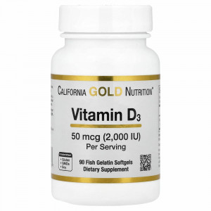 California Gold Nutrition, витамин D3, 50 мкг (2000 МЕ), 90 рыбно-желатиновых капсул