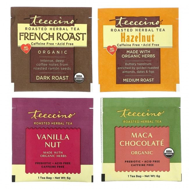 Teeccino, Пробник обжаренного травяного чая, 4 вкуса, без кофеина, 12 чайных пакетиков, 72 г (2,54 унции)