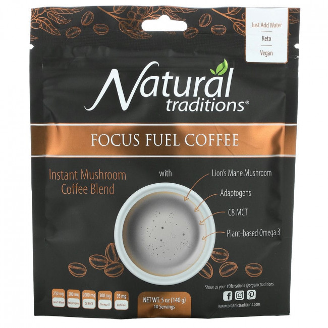 Organic Traditions, Focus Fuel Coffee, растворимый кофе с грибами, 140 г (5 унций) Organic Traditions, Focus Fuel Coffee, растворимый кофе с грибами, 140 г (5 унций)