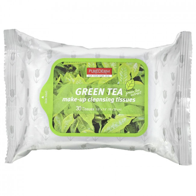 Purederm, Make-Up Cleansing Tissues, Green Tea, 30 Tissues