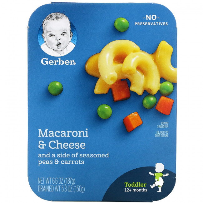 Gerber, Macaroni & Cheese and a Side of Seasoned Peas & Carrots, Toddler, 12+ Months, 6.6 oz (187 g) Gerber, Macaroni & Cheese and a Side of Seasoned Peas & Carrots, Toddler, 12+ Months, 6.6 oz (187 g)