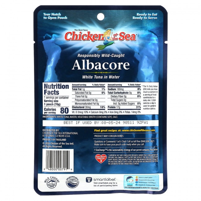 Chicken of the Sea, Albacore из дикой рыбы, белый тунец в воде, 70 г (2,5 унции) Chicken of the Sea, Albacore из дикой рыбы, белый тунец в воде, 70 г (2,5 унции)