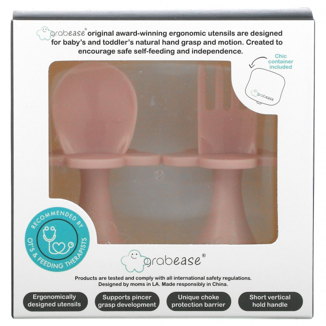 Grabease, Ergonomic Utensils with Travel Case, 6m +, Blush, 1 Set Grabease, Ergonomic Utensils with Travel Case, 6m +, Blush, 1 Set