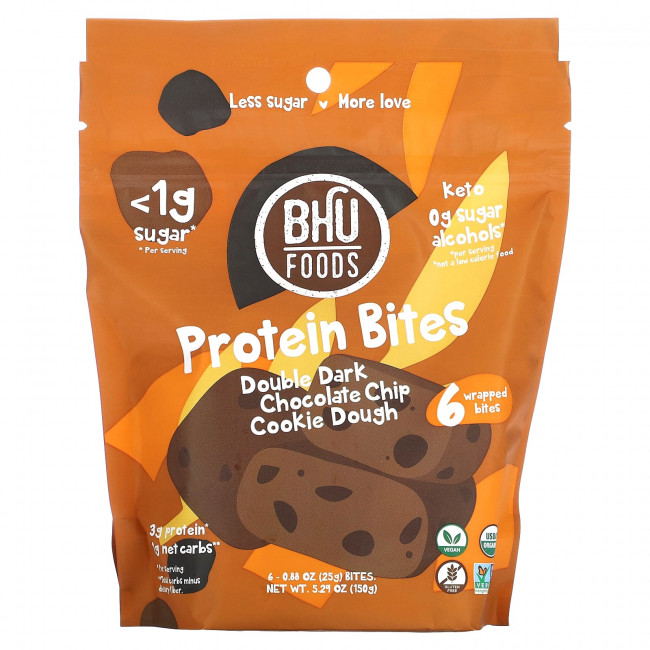 BHU Foods, Protein Bites, двойное тесто для печенья с кусочками темного шоколада, 6 кусочков, 25 г (0,88 унции) BHU Foods, Protein Bites, двойное тесто для печенья с кусочками темного шоколада, 6 кусочков, 25 г (0,88 унции)