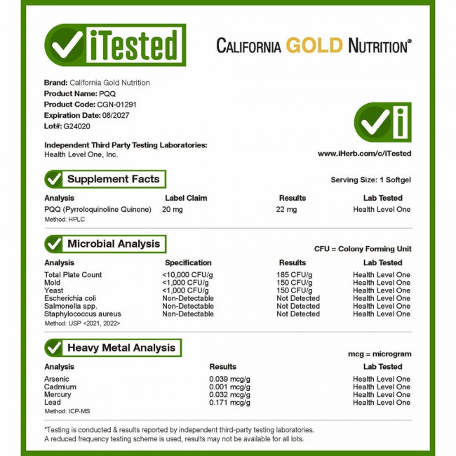 California Gold Nutrition, пирролохинолинхинон, 20 мг, 30 растительных капсул California Gold Nutrition, пирролохинолинхинон, 20 мг, 30 растительных капсул