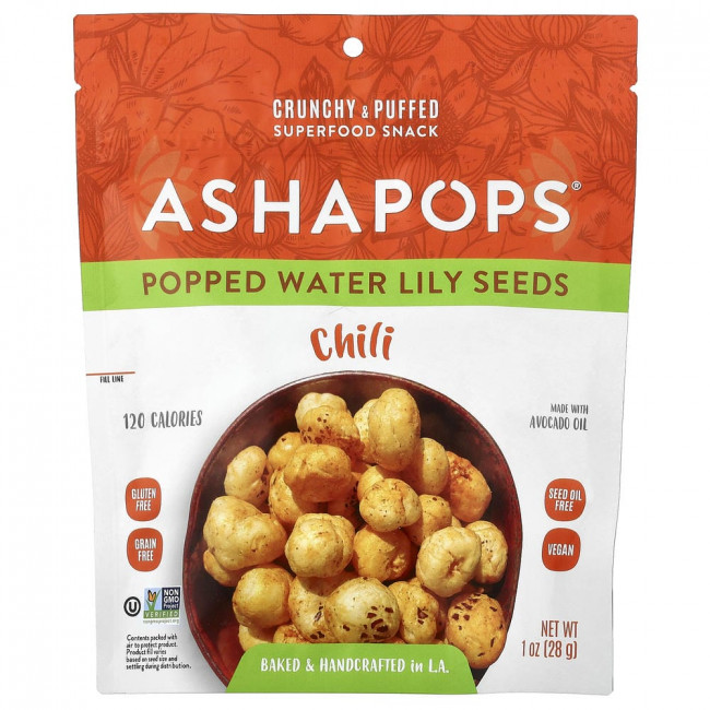 AshaPops, лопнувшие семена водяной лилии со вкусом чили, 28 г