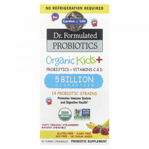 Garden of Life, Dr Formulated Probiotics, Organic Kids+, органические пробиотики для детей, со вкусом органической клубники и банана, 30 вкусных жевательных таблеток